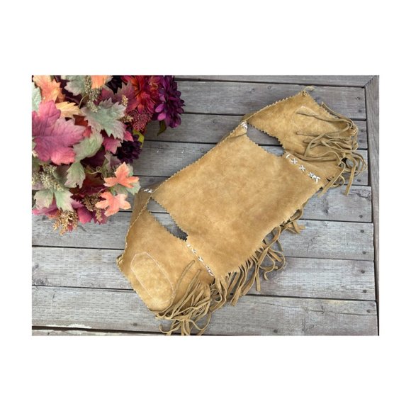 Handmade Suede Leather Vest Floral Beadwork Fringe Chest Tie Closure Youth 2T-4T - Picture 4 of 4